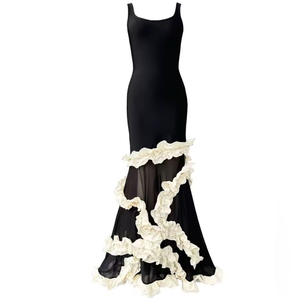 NEW $550 Aria Elegant Black and White Ruffle Gown